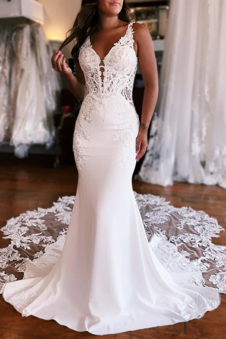 Mermaid V Neck Elastic Satin Wedding Dresses with Appliques
